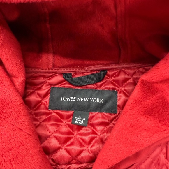 Jones New York Red Outerwear Faux Fur Hooded Mixed Media Velour Pile Coat - $180 - Picture 11 of 13